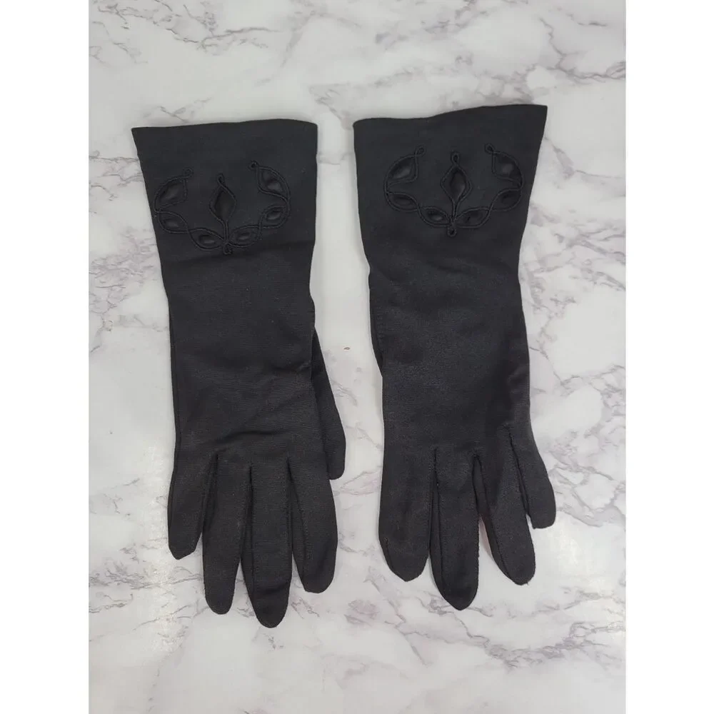 Vintage Nylon Classic Black Dress Driving Formal Gloves Satin Inset & Embroidery
